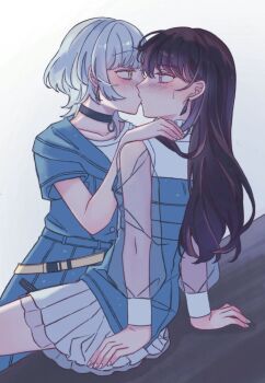 2girls bang_dream! bang_dream!_it's_mygo!!!!! black_choker black_hair blue_dress choker commentary dress eye_contact highres kaname_raana kiss long_hair long_sleeves looking_at_another mole mole_under_eye multiple_girls purple_eyes see-through_clothes see-through_sleeves shiina_taki short_hair short_sleeves sweatdrop symbol-only_commentary white_hair yellow_eyes yuri yuyuyang0402