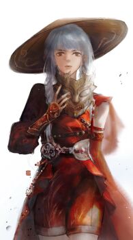 1girl absurdres belt black_belt black_mask blue_hair bracer braid brown_eyes brown_hat chest_belt chinese_clothes chinese_commentary closed_mouth commentary_request cowboy_shot detached_sleeves expressionless hair_over_shoulder hanfu hat highres holding holding_mask infinity_nikki light_particles lips liuxianghezhao long_hair long_sleeves looking_at_viewer mask multiple_belts nail_polish nefarious_shadows_(infinity_nikki) nikki_(series) official_alternate_color oni_mask puffy_long_sleeves puffy_sleeves realistic red_hanfu red_nails red_sleeves simple_background single_bare_shoulder single_detached_sleeve solo standing straw_hat twin_braids very_long_hair white_background