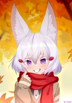 1girl absurdres animal_ear_fluff animal_ears artist_name brown_sweater chenki_(chenki) commentary english_commentary fox_ears fox_girl grin highres looking_at_viewer parted_lips phase_connect purple_eyes red_scarf scarf short_hair sleeves_past_wrists smile solo straight-on sweater tenma_maemi thick_eyebrows thick_eyelashes twitter_username upper_body white_hair