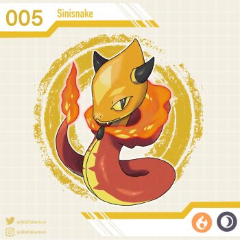 alisfakemon artist_name black_horns character_name fakemon fire full_body highres horns instagram_logo looking_at_viewer nintendo no_humans original pokemon pokemon_(creature) snake solo twitter_logo twitter_username