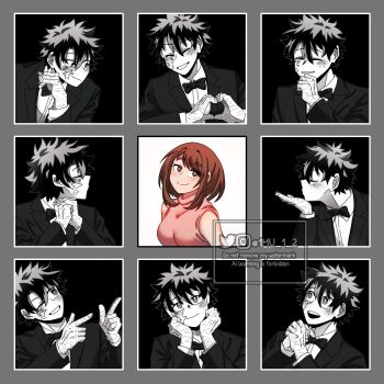 1boy 1girl 3x3_wedding_photo_collage :d artist_name blowing_kiss blush boku_no_hero_academia bow bowtie bright_pupils brown_eyes brown_hair closed_eyes facial_scar formal_clothes freckles heart heart_hands highres instagram_logo instagram_username looking_at_another looking_up midoriya_izuku mu_1_2 multiple_views open_mouth photo-referenced pink_shirt pointing pointing_at_another profile scar scar_on_cheek scar_on_face scar_on_hand shirt short_hair sidelocks sleeveless sleeveless_shirt smile spiked_hair suit traditional_bowtie twitter_logo twitter_username uraraka_ochako white_pupils wing_collar