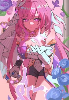 1girl absurdres black_shorts blue_flower blue_rose bow_(weapon) breasts bug butterfly chinese_commentary cleavage commentary_request corset elysia_(herrscher_of_human:_ego)_(honkai_impact) elysia_(honkai_impact) flower gloves highres holding holding_bow_(weapon) holding_weapon honkai_(series) honkai_impact_3rd insect large_breasts long_hair moka_no_mora multicolored_hair pink_hair purple_eyes rose shorts smile solo thighs triquetra two-tone_hair veil very_long_hair weapon white_corset white_gloves white_hair white_veil