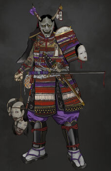 1boy absurdres armor guro highres holding holding_detached_head holding_sword holding_weapon japanese_armor katana kkghost_tv looking_at_viewer mask obi oni_mask original ou-yoroi_(armor) pants purple_pants samurai sandals sash shoulder_armor socks sode suneate sword tekko wakizashi weapon white_socks