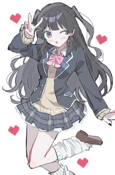 Rule 34 | 1girl, black hair, black jacket, blazer, bow, bowtie, brown shoes, collared shirt, commentary request, cowboy shot, gyaru, hair ornament, hairclip, hand up, heart, highres, jacket, kogal, lapels, loafers, long hair, looking at viewer, loose socks, nijisanji, one eye closed, open mouth, pink bow, plaid clothes, plaid lapels, school uniform, shirt, shoes, simple background, skirt, socks, solo, tsukino mito, tsukino mito (1st costume), two side up, uta (utamilk), v, virtual youtuber, white background, white shirt