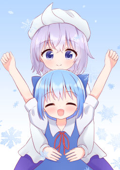 Rule 34 | 2girls, arms up, cirno, closed eyes, collared shirt, commentary request, highres, letty whiterock, looking at viewer, medium hair, multiple girls, open mouth, purple eyes, purple hair, shirt, short hair, snowflakes, straight-on, toriki fukuro, touhou, triangular headpiece, white shirt