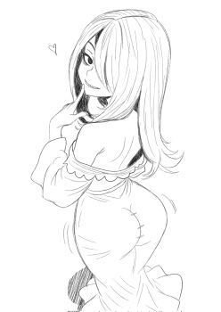 ass augusketchs bags_under_eyes bare_shoulders dress grin hand_on_own_chin heart highres little_witch_academia long_hair sharp_teeth sketch smile sucy_manbavaran teeth