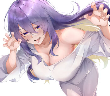 Rule 34 | 1girl, absurdres, alternate costume, breasts, cleavage, commentary, fingernails, ghost costume, ghost pose, hair between eyes, highres, hololive, hololive indonesia, horisu (kholiskun), large breasts, leaning forward, long hair, moona hoshinova, purple eyes, purple hair, see-through silhouette, sweat, symbol-only commentary, twitter username, virtual youtuber, white background