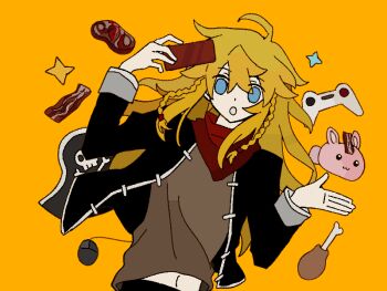 1boy :o anonymous1203 bacon black_jacket blonde_hair blue_eyes braid brown_shirt chicken_(food) chicken_leg chinese_commentary commentary_request computer_mouse controller epic_battle_fantasy food game_controller hat jacket long_hair looking_at_viewer male_focus matt_(epic_battle_fantasy) meat navel neckerchief pirate_hat red_neckerchief shirt slime_(creature) solo sparkle twin_braids upper_body yellow_background