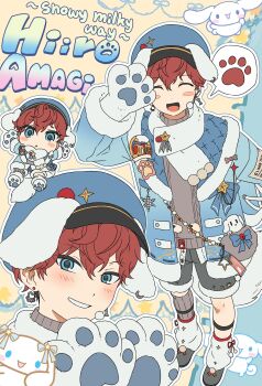 Rule 34 | 1boy, :o, absurdres, amagi hiiro, animal ears, animal hands, bag, beads, blue eyes, bone earrings, character name, cinnamoroll, clenched teeth, crossover, dog, dog ears, dot nose, earrings, ensemble stars!, facing viewer, gongnam, hand up, hat, highres, jewelry, layered clothes, legband, long sleeves, looking at viewer, male focus, official alternate costume, parted lips, paw print, red hair, sanrio, scarf, short hair, shorts, smile, snowflakes, speech bubble, spotlight time (ensemble stars!), star (symbol), teeth, turtleneck