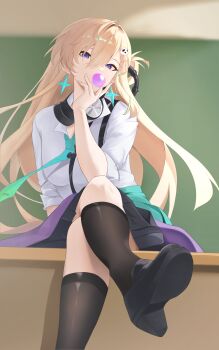 1girl absurdres black_shoes black_skirt black_socks blowing_bubble_gum blue_eyes blurry blurry_background breasts chewing_gum commentary crossed_legs desk earrings hair_between_eyes hair_ornament headphones headphones_around_neck highres indoors jewelry looking_at_viewer luckyyeah lynae_(wuthering_waves) medium_breasts on_desk shirt shoes sitting skirt skull_hair_ornament socks solo star_(symbol) star_earrings white_shirt wuthering_waves