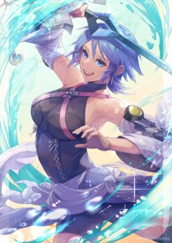 1girl :d absurdres aqua_(kingdom_hearts) arm_up armpits bare_shoulders black_shorts blue_eyes blue_hair breasts commentary_request corset cowboy_shot detached_sleeves fingerless_gloves glint gloves highres keyblade kingdom_hearts kingdom_hearts_birth_by_sleep looking_at_viewer medium_breasts mike_(mike-neko-chip) open_mouth rainfell short_hair shorts sleeveless smile solo teeth thighhighs twitter_username upper_teeth_only water water_drop