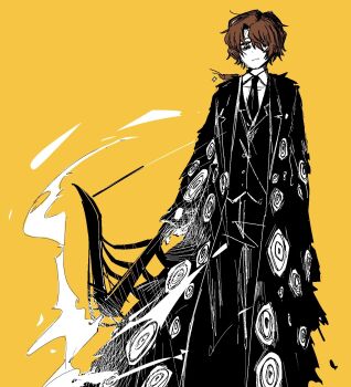 1boy black_coat black_necktie black_vest bow_(weapon) brown_hair bug coat cockroach collared_shirt crossbow e.g.o_(project_moon) feet_out_of_frame gregor's_cockroach_(project_moon) gregor_(project_moon) highres holding holding_crossbow holding_weapon insect lamp_(e.g.o) lce_(identity)_(project_moon) limbus_company necktie project_moon shirt tsuru_no_rere vest weapon white_shirt yellow_background