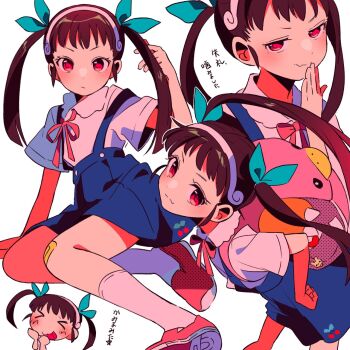 >:) >_< 1girl aqua_ribbon backpack bag bandaid bandaid_on_knee bandaid_on_leg blue_skirt brown_hair collared_shirt fang hachikuji_mayoi hair_ribbon hairband highres long_hair monogatari_(series) multiple_views neck_ribbon pink_bag pink_ribbon pink_shoes red_eyes ribbon sanamaru_(sana79261827) shirt shoes short_bangs short_sleeves simple_background skin_fang skirt socks suspender_skirt suspenders tongue tongue_out twintails v-shaped_eyebrows white_background white_hairband white_shirt white_socks