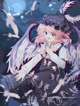 1girl :d animal_ears bird_ears bird_wings bow brown_dress brown_hat commentary_request dress earrings eyes_visible_through_hair falling_feathers feathered_wings feathers feet_out_of_frame fingernails forest frilled_dress frills gold_earrings green_nails hand_on_own_chest hat highres jewelry long_fingernails long_sleeves medium_hair mystia_lorelei nature night night_sky open_mouth pink_bow pink_eyes pink_hair renge_kanatsuki shirt sky smile solo star_(sky) starry_sky touhou white_shirt wing_hat_ornament wings