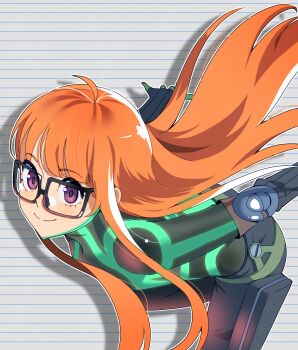 1girl absurdres ahoge bent_over black_bodysuit bodysuit closed_mouth floating_hair gjh glasses highres long_hair oracle_(persona_5) orange_hair outstretched_arms persona persona_5 purple_eyes sakura_futaba smile solo very_long_hair