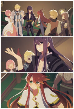 2girls 4boys absurdres armor bare_shoulders black_jacket blonde_hair blurry blurry_background blush breasts brown_dress brown_gloves brown_hair brown_sleeves brown_vest cheeseko commentary_request detached_sleeves dress estellise_sidos_heurassein feet_out_of_frame flynn_scifo gloves green_eyes guy_cecil hair_between_eyes hand_on_own_face highres in-franchise_crossover indoors jacket long_hair looking_at_another luke_fon_fabre medium_breasts multiple_boys multiple_girls open_mouth parted_lips pink_hair puffy_sleeves purple_hair red_hair sequential shirt short_hair shoulder_armor sidelocks sleeveless sleeveless_dress standing sweatdrop tales_of_(series) tales_of_the_abyss tales_of_vesperia tear_grants upper_body vest white_gloves white_jacket white_shirt yuri_lowell