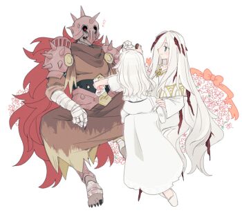 Rule 34 | 1boy, 2girls, armor, blue eyes, chocolate, ender lilies quietus of the knights, fretia (ender lilies), highres, knight, lily (ender lilies), long hair, looking at another, multiple girls, ohhiochandra, red eyes, red hair, sitting, sitting on lap, sitting on person, smile, spiked helmet, tendril, ulv the mad knight, valentine, very long hair, white hair