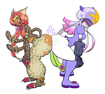 2girls animal_ears ass ass-to-ass ass_press ass_shake bastemon breasts cat_ears cat_tail digimon digimon_(creature) jellyfish_girl lovetopullmicke mask monster_girl multiple_girls multiple_tails tail tentacle_hair tentacles thetismon twerking