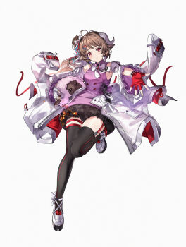 1girl absurdres animal_ears ardelia_(arknights) arknights arknights:_endfield asymmetrical_gloves black_thighhighs bow bowtie brown_hair chinese_commentary closed_mouth collared_shirt commentary_request creature curled_horns detached_sleeves dolly_(arknights) eyjafjalla_(arknights) fingerless_gloves full_body geez gloves grey_horns hair_ornament hairclip highres holding holding_creature horns knees_together_feet_apart leg_up light_smile long_hair long_sleeves looking_at_viewer mismatched_gloves outstretched_arm outstretched_hand pink_eyes purple_shirt red_gloves sheep_ears sheep_girl sheep_horns shirt simple_background sleeveless sleeveless_shirt solo thigh_strap thighhighs white_background white_bow white_bowtie white_gloves white_sleeves zipper