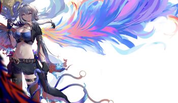 1girl absurdres bikini bikini_top_only black_gloves black_jacket black_pantyhose black_shorts black_thighhighs blue_bikini breasts chimera_(wuthering_waves) cleavage closed_mouth collarbone commentary cropped_jacket galbrena_(wuthering_waves) gloves grey_hair groin gun hair_between_eyes hand_up highres holding holding_gun holding_weapon jacket large_breasts looking_at_viewer medium_hair midriff navel pantyhose purple_eyes qiangz shorts sidelocks single_leg_pantyhose single_thighhigh solo_focus standing swimsuit tacet_discord_(wuthering_waves) thigh_strap thighhighs weapon white_background wuthering_waves