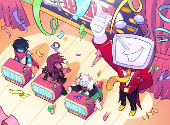 +++ 1girl 1other 2boys animal_ears ant_tenna armlet armor armored_boots belt black_belt black_boots black_jacket black_pants blue_hair blue_skin boots bracelet breastplate cape cloak closed_eyes closed_mouth colored_skin colored_teeth commentary confetti crt deltarune english_commentary explodable_(artist) furry furry_female furry_male gauntlets glasses goat_boy goat_ears goat_horns green-framed_eyewear green_cloak grey_shirt highres horns jacket jewelry kris_(dark_world)_(deltarune) kris_(deltarune) long_hair multiple_boys necktie object_head open_mouth pants pink_cape pink_horns pink_scarf pointing pointing_up pointy_nose purple_hair purple_pants ralsei scarf shaded_face shirt shoes short_hair spiked_armlet spiked_bracelet spikes stage standing susie_(dark_world)_(deltarune) susie_(deltarune) tailcoat utdr_(toby_fox) yellow_necktie yellow_shoes yellow_teeth