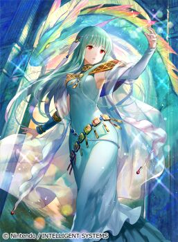 1girl aqua_hair armpits blue_dress company_connection copyright_name dragon dress elbow_gloves fire_emblem fire_emblem:_the_blazing_blade fire_emblem_cipher fuzichoco gloves hair_ornament hands_on_own_chest highres long_dress long_hair ninian_(fire_emblem) nintendo official_art open_mouth red_eyes solo third-party_source