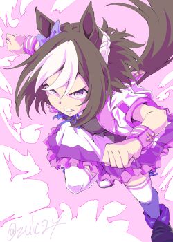 1girl animal_ears aura bow braid brown_hair ear_bow ear_ribbon highres horse_ears horse_girl horse_tail jacket multicolored_hair open_mouth purple_bow purple_eyes purple_ribbon purple_vest ribbon running short_hair short_sleeves skirt special_week_(special_dreamer)_(umamusume) special_week_(umamusume) tail teeth thighhighs two-tone_hair umamusume upper_teeth_only vest white_hair white_jacket white_skirt white_thighhighs wristband zukki_(bijitaru)