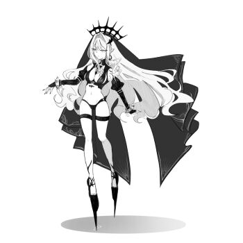 1girl baobhan_sith_(fate) baobhan_sith_(second_ascension)_(fate) breasts commentary_request detached_sleeves fate/grand_order fate_(series) full_body greyscale high_heels long_hair monochrome navel pointy_ears revealing_clothes sidelocks solo torikai18 veil