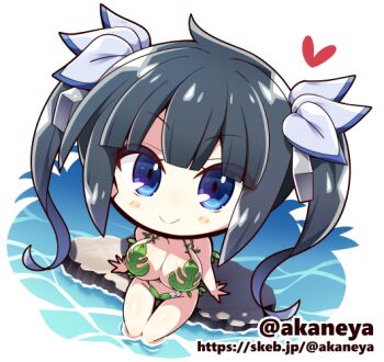 1girl akaneya bell bikini blue_eyes blush_stickers breasts chibi chibi_only commission dungeon_ni_deai_wo_motomeru_no_wa_machigatteiru_darou_ka hair_bell hair_ornament heart hestia_(danmachi) large_breasts leaf_bikini long_hair looking_at_viewer official_alternate_costume oppai_loli skeb_commission smile soaking_feet solo twintails
