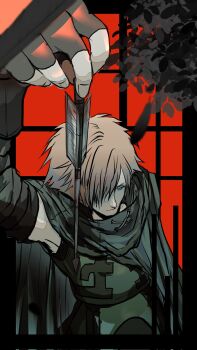 1boy arm_up arrow_(projectile) bandaged_arm bandages cloak commentary_request expressionless fate/extra fate_(series) fingerless_gloves from_above gloves green_cloak green_eyes green_vest hair_over_one_eye highres holding holding_arrow male_focus orange_hair raiya_(a2i3rnzyy) red_light robin_hood_(fate) short_hair solo tree vest window