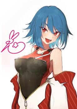 1girl :d bare_shoulders bikini bikini_under_clothes black_one-piece_swimsuit blue_hair breasts commentary_request covered_erect_nipples highres jacket jacket_over_swimsuit large_breasts light_blush looking_at_viewer multicolored_jacket off_shoulder one-piece_swimsuit open_mouth partially_unzipped phantasy_star phantasy_star_online_2 red_eyes red_jacket red_one-piece_swimsuit short_hair signature simple_background smile solo sparkle stratos_(pso2) swimsuit swimsuit_under_clothes toji_juukou two-tone_jacket two-tone_one-piece_swimsuit upper_body wet white_background white_jacket