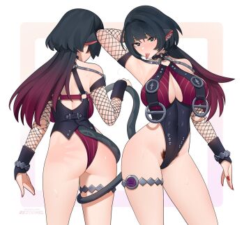 1girl animal_ears arm_behind_head arm_up armpits artist_name ass black_hair breasts cleavage commentary contrapposto cowboy_shot curvy detached_sleeves english_commentary fingernails fishnet_sleeves fishnets from_behind gradient_hair green_eyes hand_up harness heart heart-shaped_pupils highleg highleg_leotard highleg_one-piece_swimsuit holding_own_tail jane_doe_(nocturne_of_light)_(zenless_zone_zero) jane_doe_(zenless_zone_zero) jewelry large_breasts legs_apart leotard long_hair looking_at_viewer mouse_ears mouse_girl mouse_tail multicolored_hair multiple_views nail_polish o-ring o-ring_harness o-ring_swimsuit one-piece_swimsuit piercing pubic_hair red_hair red_nails rezodwel shiny_clothes shiny_skin spanked standing sweatdrop swimsuit symbol-shaped_pupils tail thighlet tongue tongue_out tongue_piercing two-tone_one-piece_swimsuit white_background wide_hips zenless_zone_zero