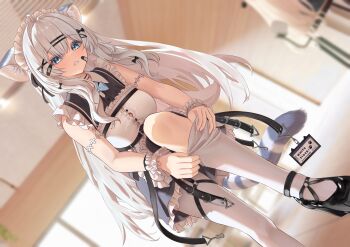 1girl parallel_hairclips absurdres adjusting_clothes adjusting_legwear animal_ear_fluff animal_ears apron bandaid bandaid_hair_ornament bandaid_on_cheek bandaid_on_face black_shoes blue_eyes blurry blurry_background breasts button_gap buttons ceiling_light chair chest_harness collared_dress commentary_request dress dutch_angle frilled_apron frilled_dress frilled_wrist_cuffs frills hair_between_eyes hair_intakes hair_ornament hairclip harness highres id_card indoors leg_up long_hair looking_ahead maid_apron maid_headdress medium_breasts mizuki_(vrchat) open_mouth shoes solo tail thighhighs una_hirag underbust very_long_hair vrchat white_dress white_hair white_thighhighs window wrist_cuffs x_hair_ornament