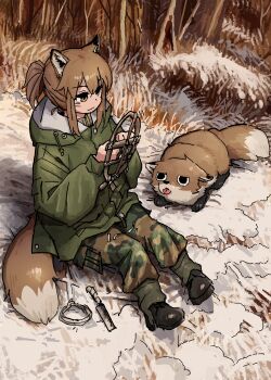 1girl absurdres animal animal_ears boots brown_eyes brown_hair buttons camouflage camouflage_pants closed_mouth drawstring fox fox_ears fox_girl fox_girl_(yihan_world) fox_tail green_jacket highres jacket knife original outdoors pants ponytail snow string tail tongue yihan_world