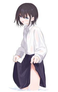 1girl :d absurdres black_hair black_skirt blue_eyes blush collared_shirt commentary_request dress_shirt hair_between_eyes highres long_sleeves open_mouth original puffy_long_sleeves puffy_sleeves riya_(01214) school_uniform shirt simple_background skirt skirt_hold sleeves_past_wrists smile solo wading water white_background