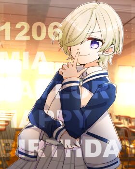Rule 34 | 1girl, blonde hair, blue jacket, character name, classroom, closed mouth, collared shirt, commentary request, cowboy shot, dated, hair over one eye, happy birthday, highres, indoors, jacket, kanduki kamibukuro, light particles, looking at viewer, love live!, love live! nijigasaki high school idol club, mia taylor, one eye covered, open clothes, open jacket, pleated skirt, purple eyes, shirt, short hair, skirt, smile, solo, v-shaped eyebrows, white shirt, white skirt