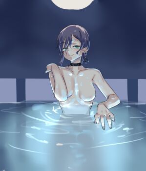 1girl absurdres black_choker blue_hair breasts chainsaw_man choker closed_mouth green_eyes highres looking_at_viewer medium_breasts medium_hair moon night no_nipples nude outdoors partially_submerged pool quanero reze_(chainsaw_man) smile solo wet wet_hair