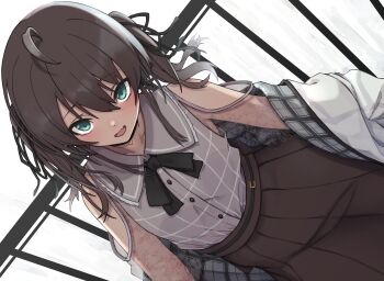 Rule 34 | 1girl, absurdres, ahoge, bare shoulders, black bow, black bowtie, black ribbon, blouse, blue eyes, bowtie, brown hair, choker, collarbone, dutch angle, hair ribbon, high-waist skirt, highres, hololive, jacket, long hair, looking at viewer, looking up, minagokoro, natsuiro matsuri, natsuiro matsuri (casual), off shoulder, official alternate costume, open mouth, ribbon, shirt, skirt, smile, solo, twintails, virtual youtuber