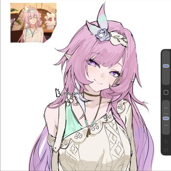 1girl art_program_in_frame artist_name breasts bunnyoki commentary cyrene_(honkai:_star_rail) cyrene_(ripples_of_past_reverie)_(honkai:_star_rail) diamond-shaped_pupils diamond_(shape) english_commentary flower hair_flower hair_ornament highres honkai:_star_rail honkai_(series) long_hair looking_at_viewer medium_breasts multicolored_hair pink_hair pointy_ears purple_eyes reference_inset shirt simple_background smile solo symbol-shaped_pupils two-tone_hair very_long_hair white_background white_hair white_shirt