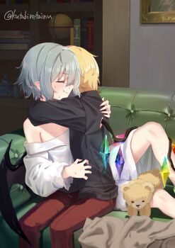 2girls absurdres alternate_costume bat_wings black_shirt blonde_hair blue_hair blush breasts cleavage closed_eyes closed_mouth commentary_request couch crystal crystal_wings fang fang_out flandre_scarlet highres hug kutabiretainu multicolored_wings multiple_girls off-shoulder_shirt off_shoulder on_couch pants partial_commentary pointy_ears red_pants remilia_scarlet shirt siblings sisters stuffed_animal stuffed_toy sweat teddy_bear touhou twitter_username white_shirt wings