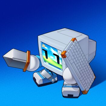 bliss_(image) blue_background computer computer_keyboard gradient_background highres holding holding_computer_keyboard holding_sword holding_weapon imcertly improvised_shield microsoft_windows monitor no_humans original personification shoes standing sword weapon windows_xp