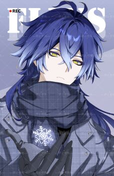 1boy absurdres black_gloves black_scarf blue_hair c_ixxp closed_mouth flins_(genshin_impact) genshin_impact gloves gradient_hair grey_background grey_jacket hair_between_eyes hashtag-only_commentary highres jacket llong_sleeves long_hair male_focus multicolored_hair scarf simple_background solo streaked_hair yellow_eyes