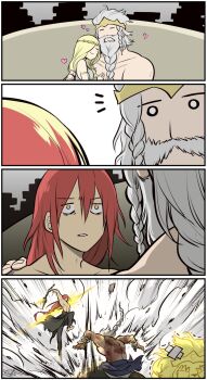 1girl 2boys beard blonde_hair braid crown elden_ring facial_hair fromsoftware godfrey_first_elden_lord highres hoarah_loux lion long_hair multiple_boys muscular muscular_male muu1519 queen_marika_the_eternal radagon_of_the_golden_order red_hair serosh_(elden_ring) simple_background smile white_hair