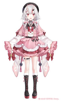 Rule 34 | 1girl, beret, black boots, black corset, black hat, boots, capelet, center-flap bangs, commentary request, copyright name, corset, detached sleeves, frilled kimono, frilled shirt collar, frilled sleeves, frills, full body, gradient hair, grey hair, hair between horns, hair ornament, hat, highres, hololive, horns, japanese clothes, kimono, knee boots, kneehighs, lace-up boots, long hair, long sleeves, low twintails, multicolored hair, nakiri ayame, nakiri ayame (10th costume), o-ring, o-ring thigh strap, official alternate costume, official alternate hairstyle, official art, oni, pink capelet, pink kimono, pom pom (clothes), pom pom hair ornament, puffy short sleeves, puffy sleeves, red eyes, red hair, sakura shiori, short sleeves, simple background, skin-covered horns, socks, solo, streaked hair, thigh strap, twintails, two-tone kimono, variations, virtual youtuber, white background, white kimono, white socks, wide sleeves, x hair ornament