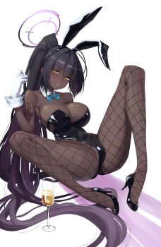 1girl absurdres animal_ear_hairband animal_ears aqua_bow aqua_bowtie black_hair black_leotard black_shoes blue_archive bow bowtie champagne_flute cup dark-skinned_female dark_skin detached_collar drinking_glass fake_animal_ears fishnet_pantyhose fishnets hairband halo highres karin_(blue_archive) karin_(bunny)_(blue_archive) leotard long_hair m_legs nstch_root_a pantyhose playboy_bunny ponytail purple_halo rabbit_ears shoes sitting solo spread_legs strapless strapless_leotard very_long_hair wrist_cuffs yellow_eyes