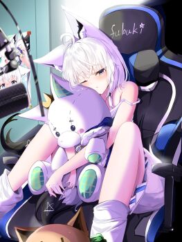 1girl absurdres animal_ears bare_arms blue_eyes chair character_name commentary_request fox_ears fox_girl fox_tail gaming_chair highres hololive long_hair looking_at_viewer one_eye_closed shirakami_fubuki siw_(siw_0208) sukonbu_(shirakami_fubuki) swivel_chair tail thighs virtual_youtuber white_hair white_tail