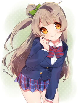 1girl blazer blue_jacket blush bow bowtie breasts brown_hair collared_shirt green_bow hair_bow hair_bun jacket long_hair long_sleeves love_live! love_live!_school_idol_project minami_kotori miniskirt natsumi_(natumi06) one_side_up orange_eyes otonokizaka_school_uniform pleated_skirt school_uniform shirt simple_background single_hair_bun skirt smile solo striped_bow striped_bowtie striped_clothes white_shirt