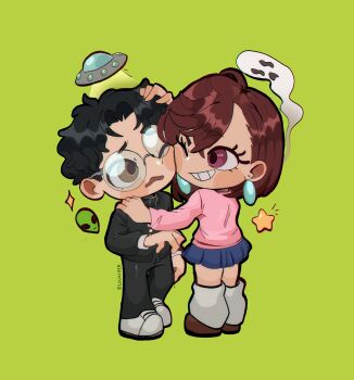 1boy 1girl absurdres alien ayase_momo black_hair black_jacket black_pants blue_skirt blush blush_stickers brown_eyes brown_footwear brown_hair cheek-to-cheek chibi chibi_only dandadan earrings eyelashes full_body gakuran ghost glasses green_background grin hair_behind_ear hair_between_eyes hand_on_another&#039;s_head hand_on_another&#039;s_shoulder heads_together highres jacket jewelry long_sleeves looking_at_another loose_socks luuxiifer medium_hair miniskirt one_eye_closed open_mouth pants pink_sweater pleated_skirt round_eyewear school_uniform short_hair skirt smile socks sparkle standing star_(symbol) sweater takakura_ken_(dandadan) teeth tractor_beam twitter_username ufo white_footwear white_socks
