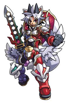 Rule 34 | 1boy, animal ears, armor, armored boots, bangle, belt, black bodysuit, black gloves, black horns, blue armor, blue bodysuit, bodysuit, boots, bracelet, facial mark, fangs, feathered wings, forehead mark, fox boy, fox ears, fox tail, gloves, gold trim, grey hair, grey tail, grey wings, harakawa mitsuhiro, holding, holding sword, holding weapon, horns, jewelry, knee pads, low wings, multicolored armor, multicolored bodysuit, official art, open mouth, red armor, red bodysuit, red eyes, sai (shinrabanshou), shinrabanshou, short hair, solo, sword, tail, teeth, third-party source, transparent background, upper teeth only, weapon, white armor, white belt, wings