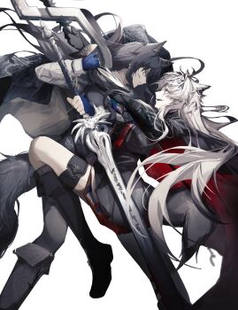 2girls absurdres ankoro_mochi arknights black_boots black_dress black_gloves black_hair black_jacket black_vest blue_gloves blue_necktie boots cape dress gloves grabbing_another's_arm grey_hair highres holding holding_sword holding_weapon jacket lappland_(arknights) lappland_the_decadenza_(arknights) long_hair long_sleeves looking_at_another multiple_girls necktie open_mouth scar scar_across_eye scar_on_face shirt simple_background sword tail texas_(arknights) texas_the_omertosa_(arknights) two-sided_cape two-sided_fabric vest weapon white_background white_shirt wolf wolf_girl wolf_tail